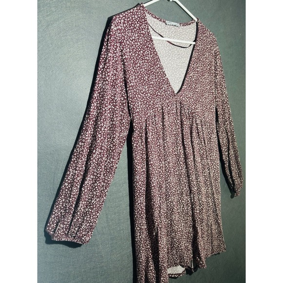 Pull&Bear Dress Women M Burgundy Floral Print Long Sleeve V-Neck Boho Casual - Picture 2 of 16